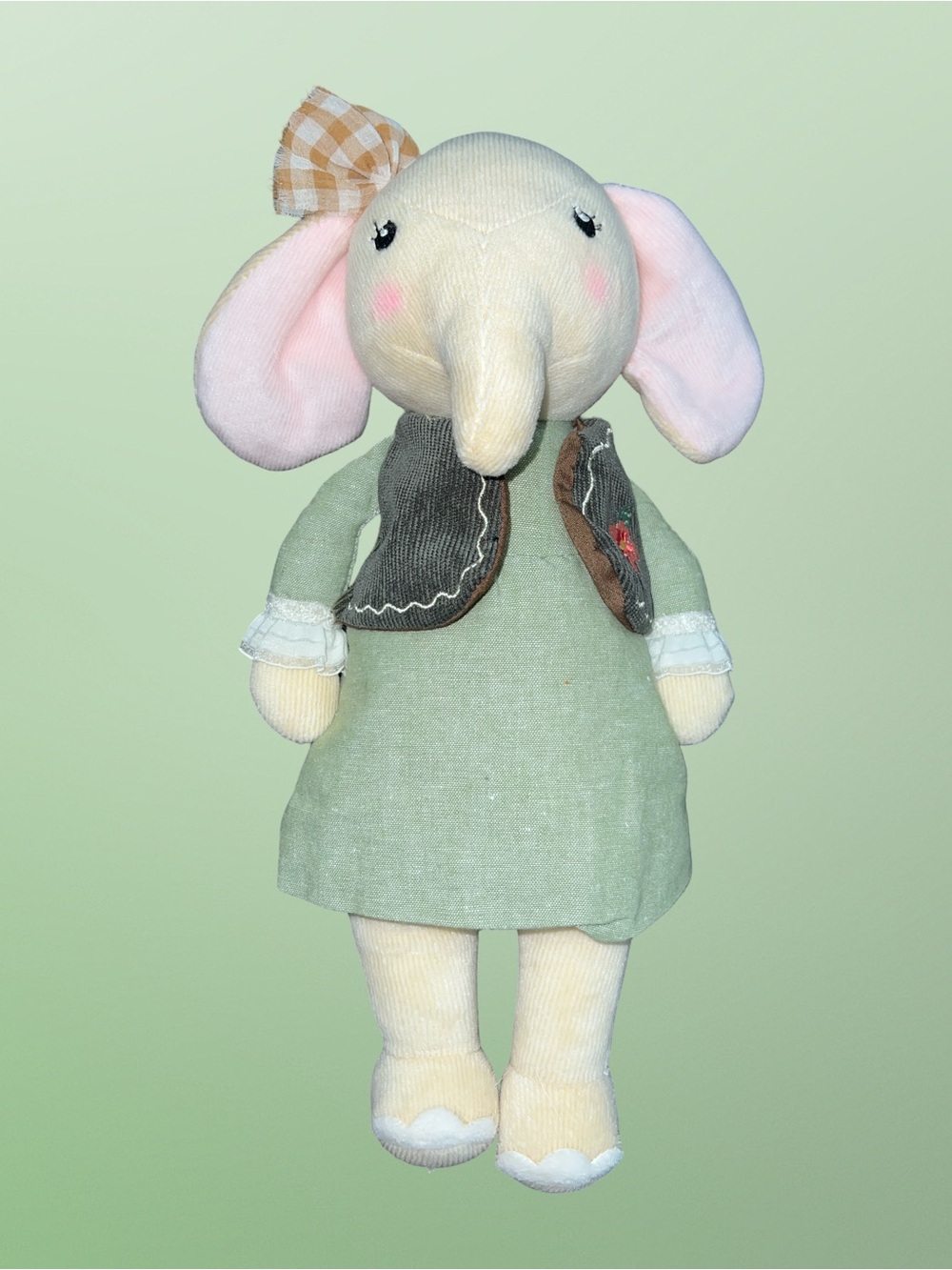 Metoo Stuffed Plush Girl Corduroy Elephant Sage Green Dress Bow 13"